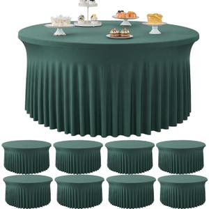 8 Pack Hunter Green Round Spandex Tablecloth for 60 inch Table, Stretchy 120inch Fitted 5FT Round Table Cloths Dark Green, Wrinkle Free Table Cover with Skirt for Wedding Party Dining Banquet