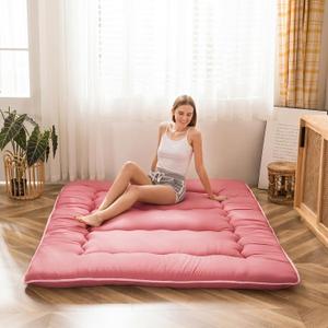 MAXYOYO Japanese Futon Mattress Twin Size Floor Mattress, Thicken Tatami Mat Sleeping Pad Roll Up Mattress Floor Folding Couch Mattress Pad for Guest Room, Pink, Twin