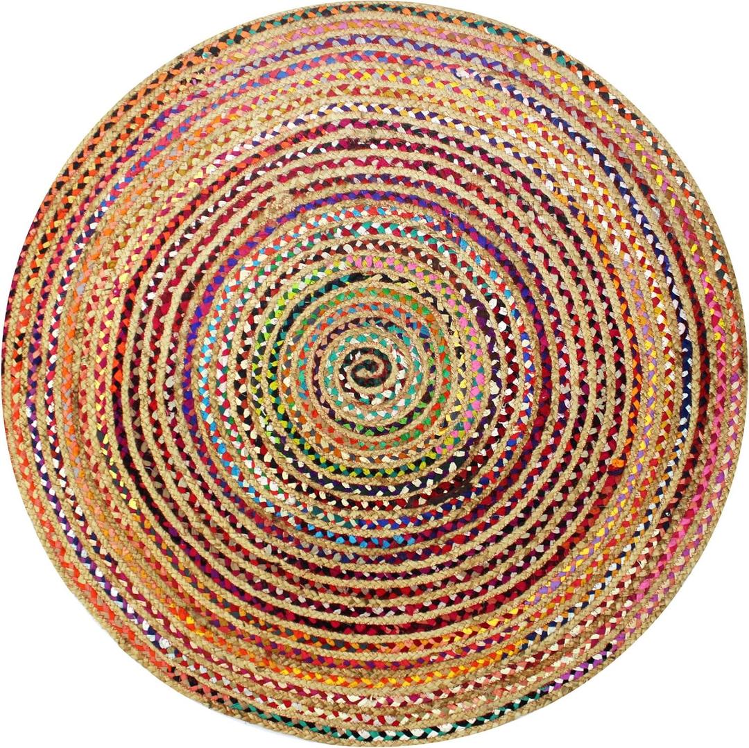 Cotton Craft Jute & Cotton Multi Chindi Braid Rug, Hand Woven Reversible, 4-Feet,Handwoven Reversible Jute & Natural Recycled Cotton Boho Farmhouse Rustic Area Accent Throw Rug - Living Room Home Décor