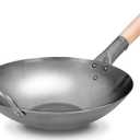 Craft Wok Flat Hand Hammered Carbon Steel Pow Wok with Wooden and Steel Helper Handle (12 Inch, Flat Bottom) / 731W316-12in