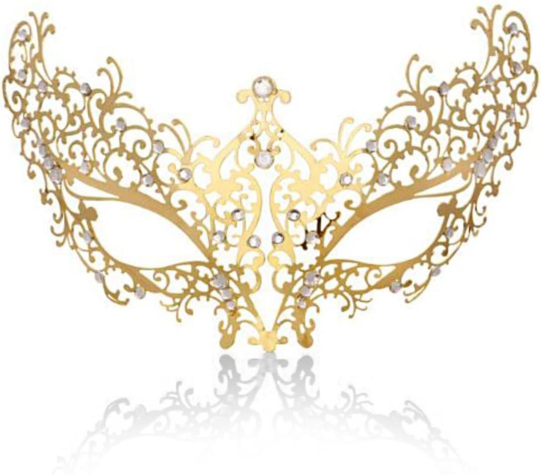 Cosmer Masquerade Mask for Women Shiny Laser Cut Metal Rhinestone Mask Party Porm Ball Mask (Gold Flower)