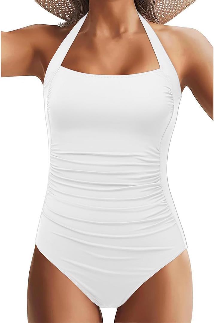 Tempt Me Women One Piece Swimsuits Tummy Control Bathing Suits Push up Full Coverage Swimwear (White)