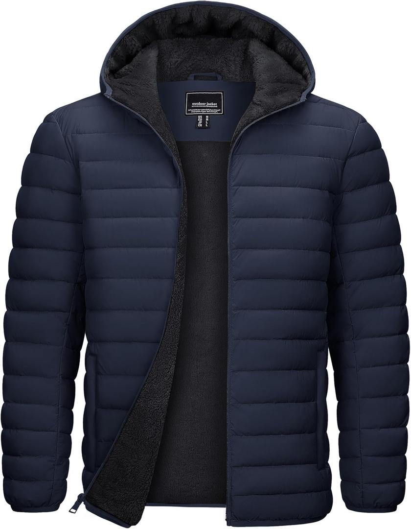 TACVASEN Mens Puffer Jacket Hooded Sherpa Lined Water Resistant Winter Coat, Large Size (Blue, L)