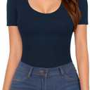 MANGOPOP Long Short Sleeve Bodysuits for Women Scoop Neck Ribbed Body Suit Stretchy Basic T Shirt Tops (Small)