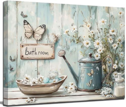 Vintage Farmhouse Bathroom Canvas Wall Art Rustic Flower and Butterfly Decor Pictures White Jasmine Flowers Watering Can Posters Prints for Bathroom Toilet Washroom Lavatory Home Decoration