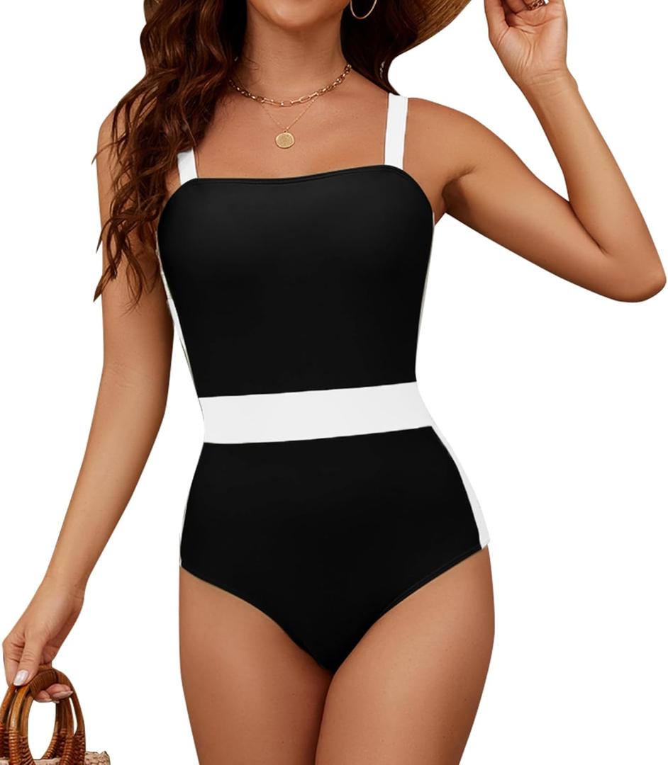 Womens One Piece Swimsuits Summer Tummy Control Bathing Suit Color Block Square Neck Slimming Swimwear (Medium, Black)
