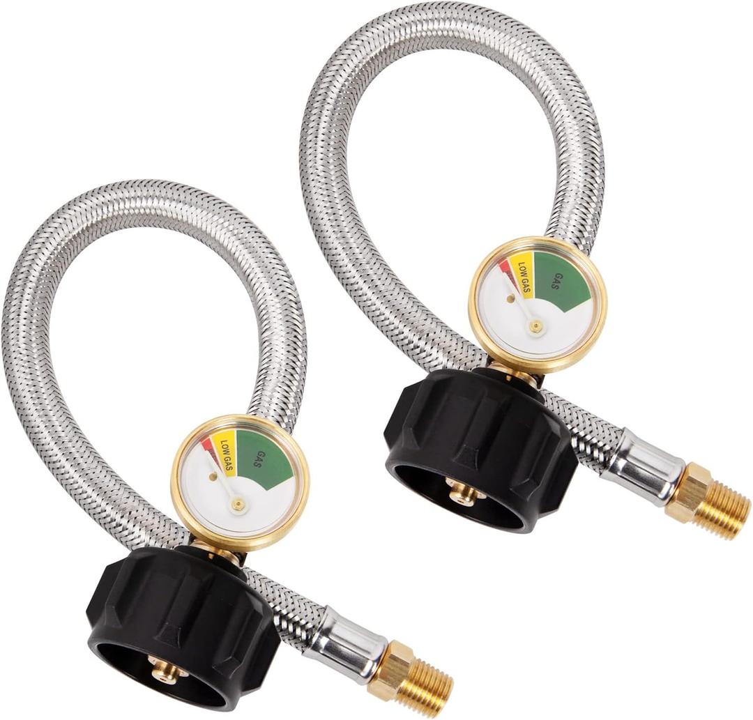 SHINESTAR RV Propane Hose with Gauge for Camper, 12 Inch Braided Propane Pigtail for Dual Stage Regulator, 1/4 Inch Male NPT x QCC1, 2 Pack