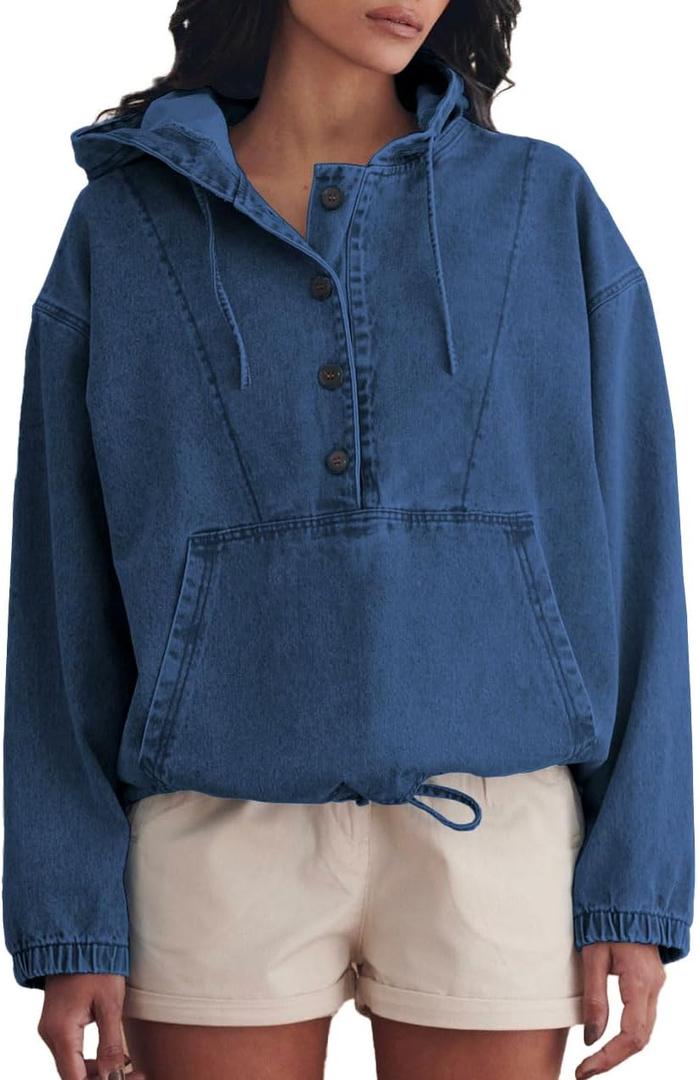 Aomice Women's Denim Hoodie Half Button Down Pullover Jacket Jean Sweatshirt Tops with Pockets Dark Blue M