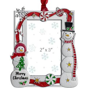 2025 Christmas Ornaments 3x2 inch Picture Frame Metal Hanging Pendant for Tree Small Decorative Keepsake, Display Photo for Baby and Pet (Snowman (Red))