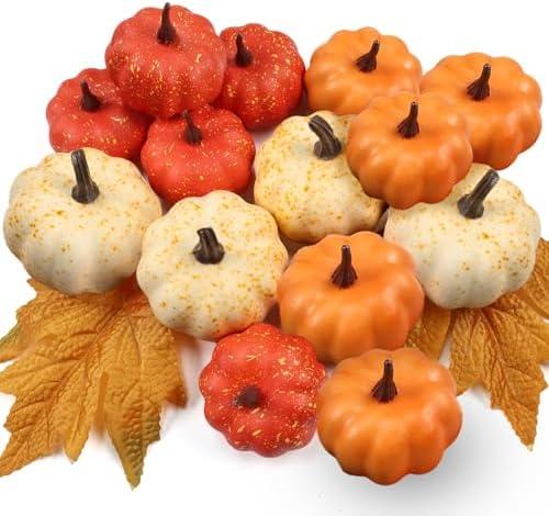 LZNPA 9 PCS Artificial Mini Fake Pumpkins Set with Fall Leaves，Foam Plastic Carvable DIY Small White Craft Pumpkins Decor for Thanksgiving Halloween Home Fall Porch Table Decor