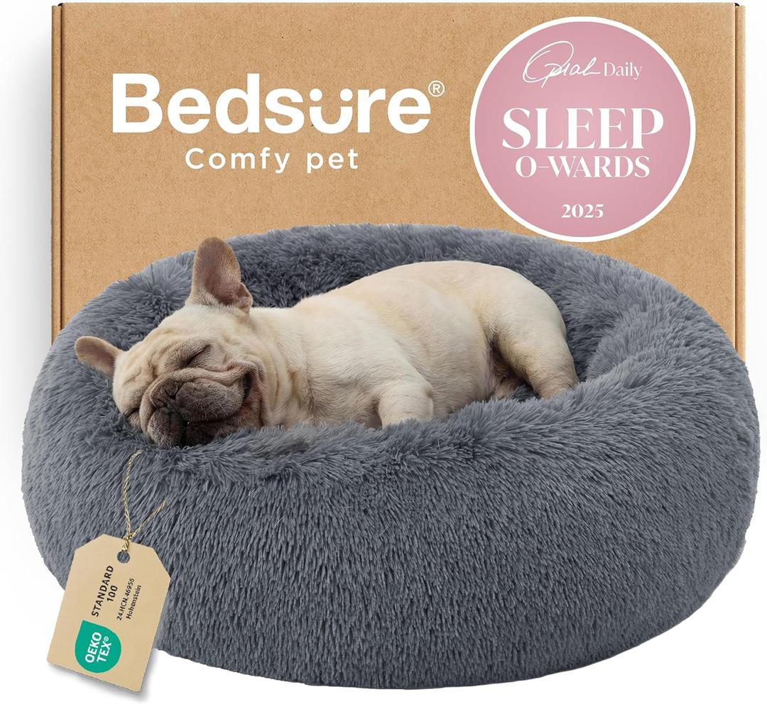 Bedsure Calming Dog Bed for Medium Dogs - Donut Washable Medium Pet Bed, 30 inches Anti-Slip Round Fluffy Plush Faux Fur Cat Bed, Fits up to 45 lbs Pets, Dark Grey