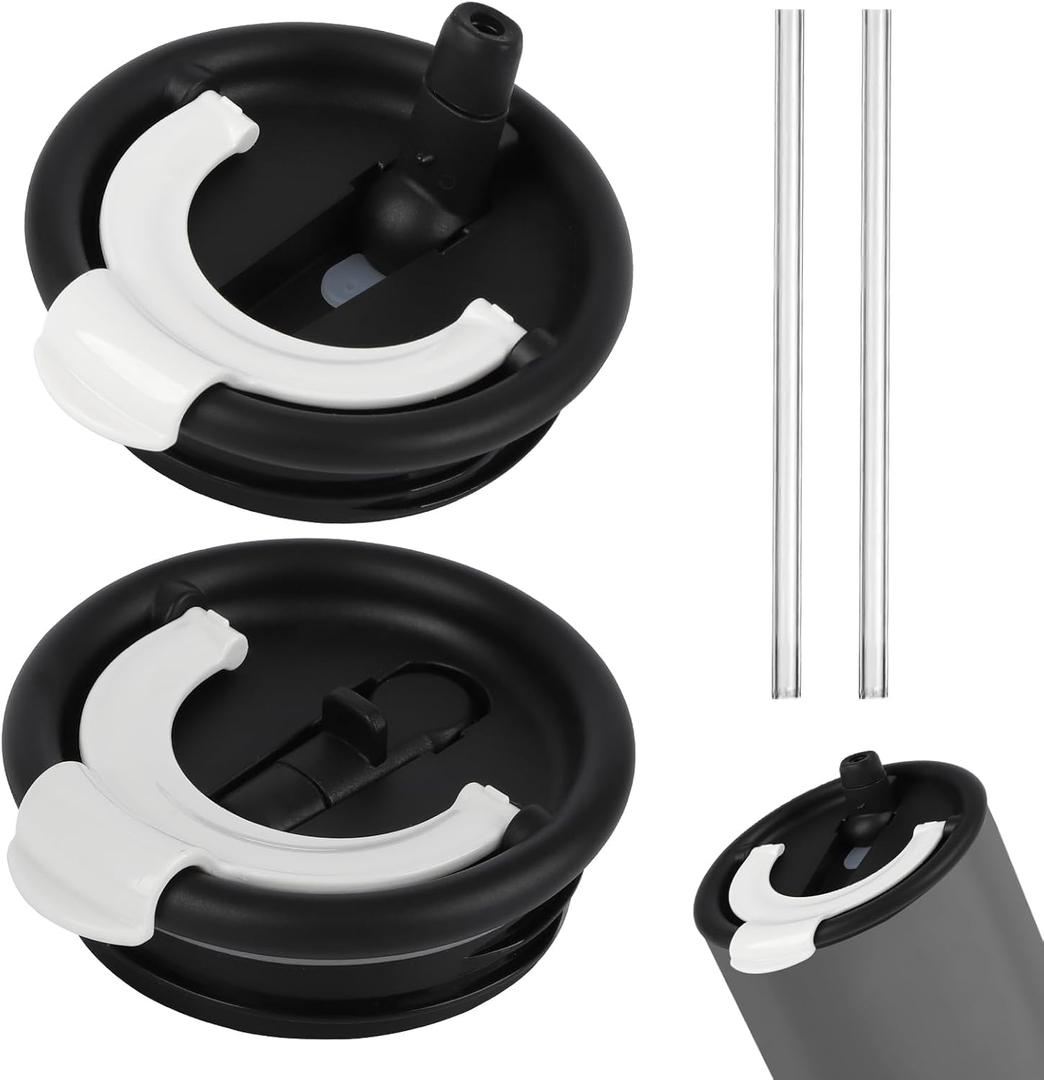 2 Pack Flip Straw Replacement Lids40 OZ Tumbler Lid Replacement for Stanley Quencherwith 2 Straws, Dual Drinking Outlets, Compatible with Stanley Cup Accessories Spill Proof Tumbler Lids for (black)