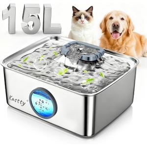 Kastty 15L/4 Gal Dog Water Fountain, Stainless Steel Large Pet Water Fountain with Water Level LED Light, Quiet Automatic Dog Water Bowl Dispenser for Dogs Inside Easy Cleaning FS79