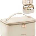 Prite Makeup Bag, Large Capacity Portable Travel Cosmetic Bag, Waterproof Makeup Organizer for Women with Handle and Divider (001 Beige)