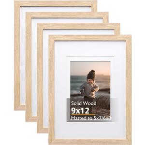 KINLINK 9x12 Picture Frames Natural, Solid Wood Frames with Acrylic Plexiglass for Pictures 5x7/ 6x8 with Mat or 9x12 without Mat, Tabletop and Wall Mounting Display, Set of 4