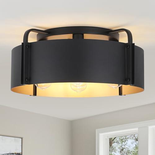 AFLCBYH Flush Mount Ceiling Light, 5-Light Large Industrial Ceiling Light Fixture Matte Black with Gold Inside Close to Ceiling Lights for Living Room Kitchen Island,E26 Base (Not Included Bulb)