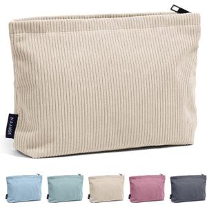 MAANGE Cosmetic Bags for Women Small Makeup Bag for Purse Corduroy Makeup Pouch Travel Makeup Bag with Metal Zipper Make Up Bag for Travelling Preppy Stuff (Beige-1)