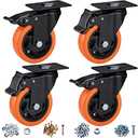 ASRINIEY 4" Caster Wheels, Casters Set of 4 Heavy Duty - Orange Polyurethane Castors, Top Plate Swivel Wheels, 4-Pack Industrial Casters with Brake, Locking Caster for Furniture and Workbench