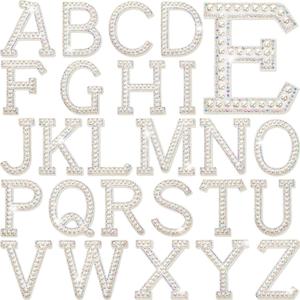 Chuangdi 26 Pcs Pearl Rhinestone Letter Patches Iron on a to Z White Rhinestone Pearl Bling Patch Glitter Sew on Alphabet Applique Bling English Letter for Clothes Fabric DIY(3 Inch,White)