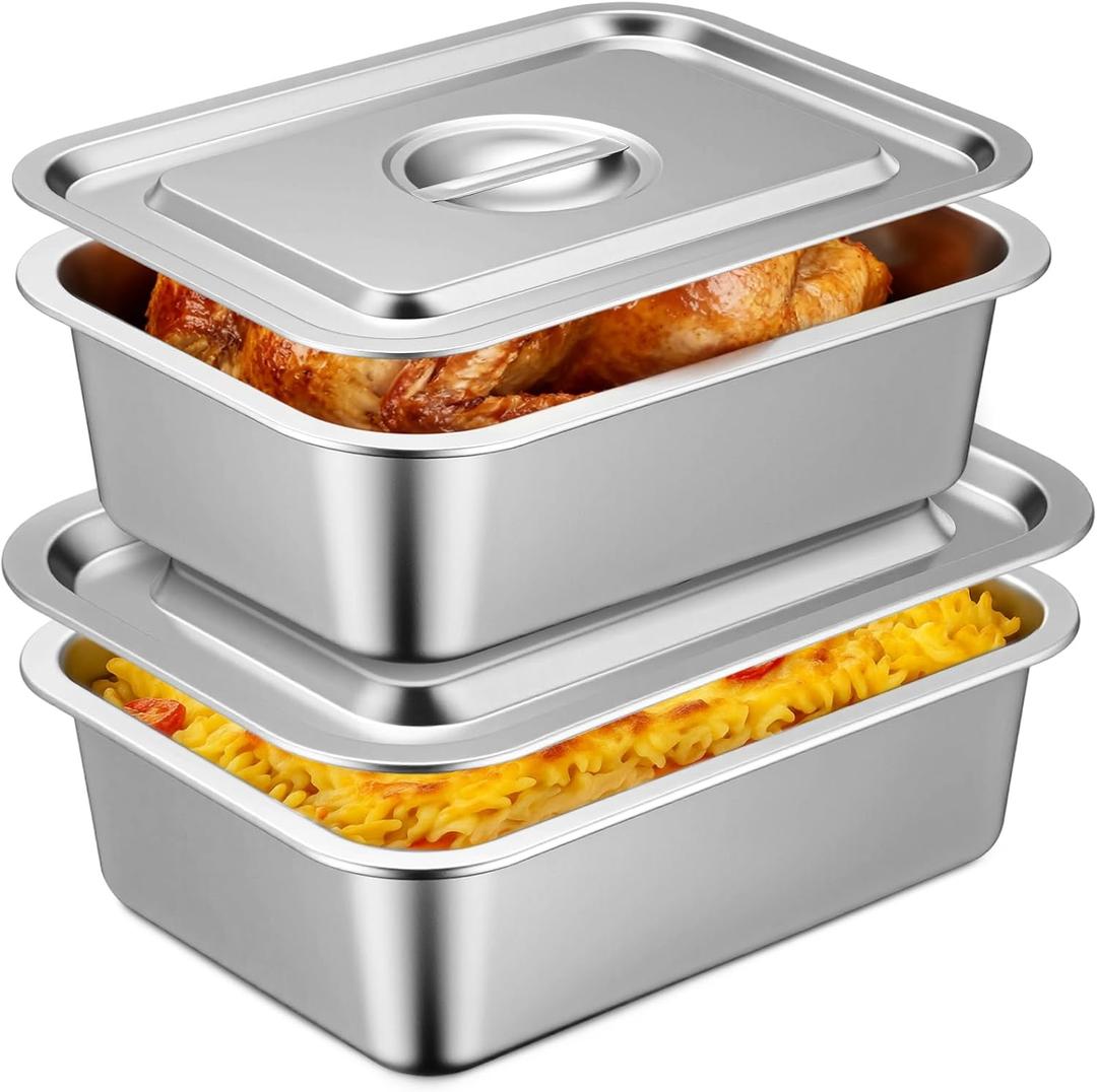 2 Pack 4 Inch Extra Deep Lasagna Baking Pan with Lid, 11"x14.2" 7.4qt & 8.6"x12.5" 4qt Rectangular Large Stainless Steel Nonstick Lasagna Roasting Pans Set Deep Baking Dish Set for Oven