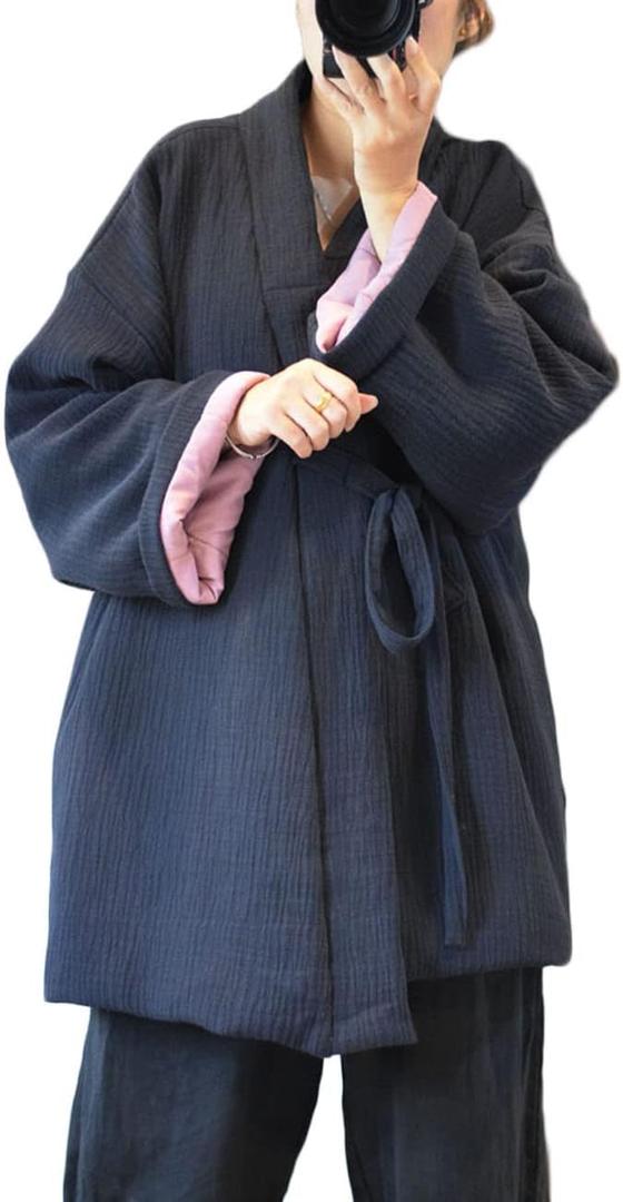 NFYM Women Hanten Cotton Jacket Japanese Kimono Style Warm Quilted Winter Coat (One Size, Navy)