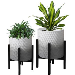 10 & 12 Inches Planters with Metal Sand for Indoor Plants Set of 2,Decorative Plant Pots with Holder, Outdoor Flower Pots with Legs, Modern Garden Pot with Drainage Holes for Snake Plant, House plants