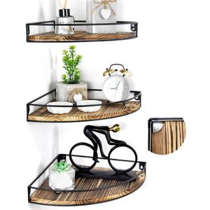 Corner Shelf Wall Mounted, Cord Hole & Guardrail, Set of 3 | Dark Brown, Corner Floating Shelves, For Cable Box, Baby Monitor, Pet Cameras, Speaker, Nursery, Bathroom, Kitchen
