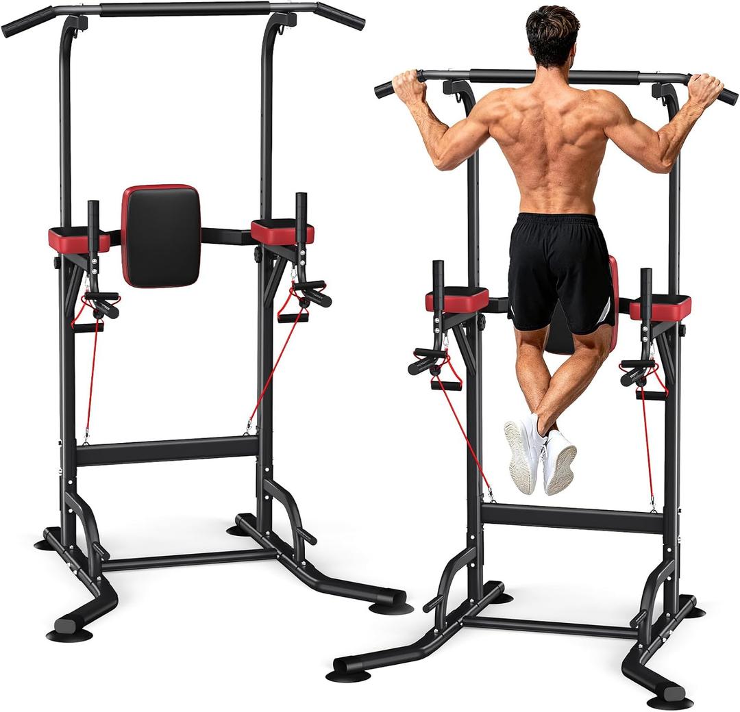 Dskeuzeew Pull Up Bar Free Standing for Multi-Function Home Gym Strength, Pull Up Dip Station Assistive Trainer Height Adjustable, Power Tower Training Heavy-Duty Fitness Equipment (Black Red)