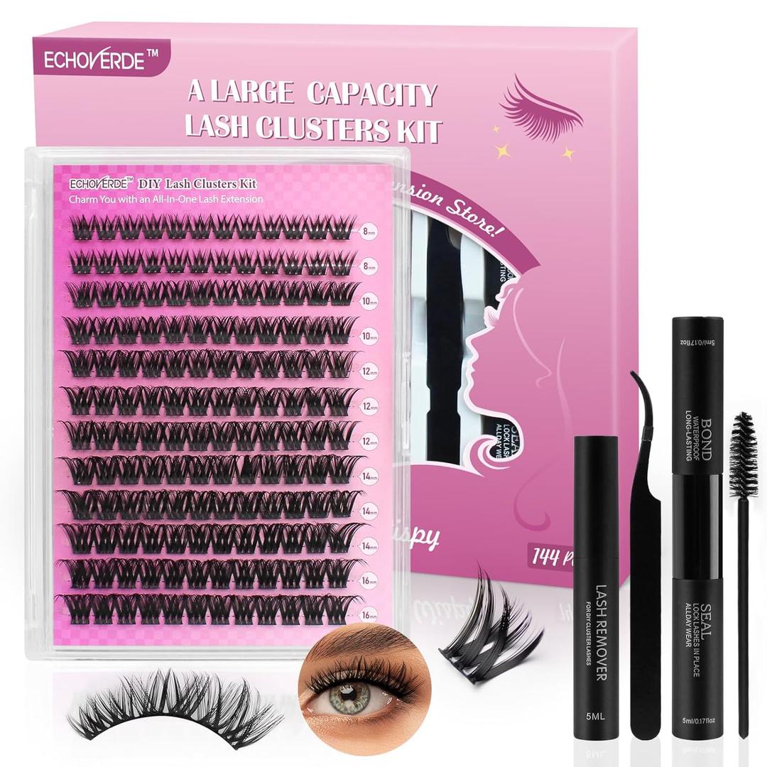 Lash Extension Kit Natural Volume Lash Clusters.8-16mm Waterproof Eyelash Extension Kit with Lash Bond and Seal, Remover, Tweezers and Eyelash Comb for a Natural Look(0.07D,144pcs, D Curl)