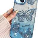 BITOBE Designed for iPhone 15, Cute 3D Butterfly Case Slim Plating Glitter Bling Luxury Cover for Women Girls Protective Camera Protection Bumper 6.1" Blue