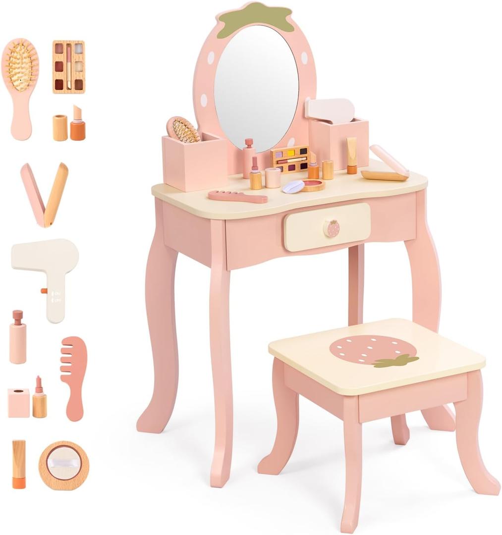 OOOK Toddler Vanity for 3 Year Old, Kids Vanity with Pretend Makeup Accessories, Makeup Table for Kids with Drawer, Pink, 48 x 29 x 83.5 inches