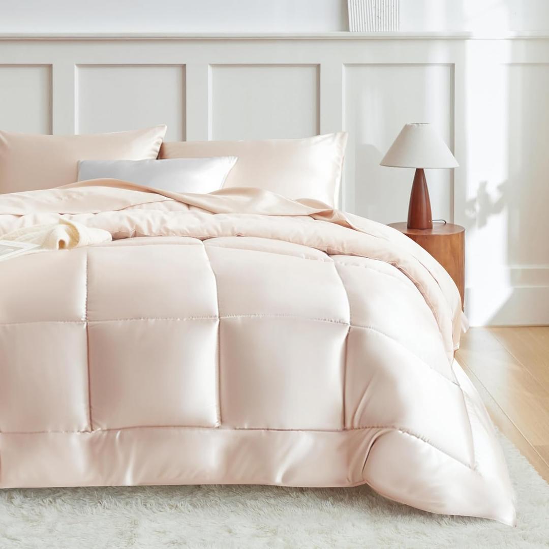 MR&HM King Size Comforter Set Beige, Reversible Satin Microfiber Comforter Set for All Seasons, 3 Pieces Non-Slip Silky Soft Bedding Sets with 1 Comforter (104"x90") and 2 Pillowcases (20"x36") (07- Beige Classic)