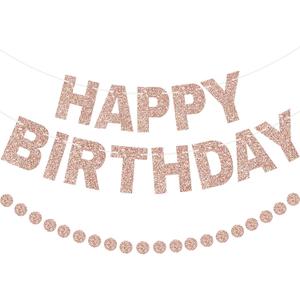 GCQQ Rose Gold Happy Birthday Banner - Glitter Pre-Strung 3M Pre-Strung Letter Garland + 2.5M Rose Gold Dot Garlands Woman Girls Birthday Party Banners Backdrop Decoration Supplies, No DIY