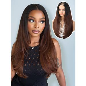 Quantum Love Brown Layered U Part Wigs V Part Yaki Straight Glueless Clip in Half Wigs for Women Realistic Natural Looking Heat Resistant Synthetic Hair(24inch,Black Brown)