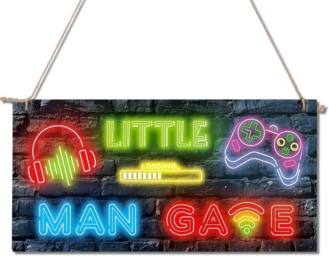 Neon Gaming Wooden Door Sign, Hanging Door Sign Plaque Nursery Playroom Bedroom Home Wall Art Decoration Accessories for Little Man Caves Boys Gamers' Room Neon Game Theme Party