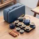 14-Piece Portable Ceramic Travel Tea Set - Chinese Kung Fu Tea Kit with Bamboo Tray & Leather Carry Bag (Blue) for Home/Office/Camping/Gifting