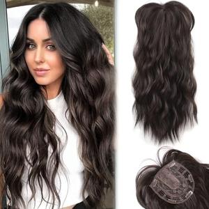 20in Wavy Curl Clip-In Hair Toppers for Women with Thinning Hair - Black Brown Synthetic Wiglets with Fringe Bang, Adds Volume