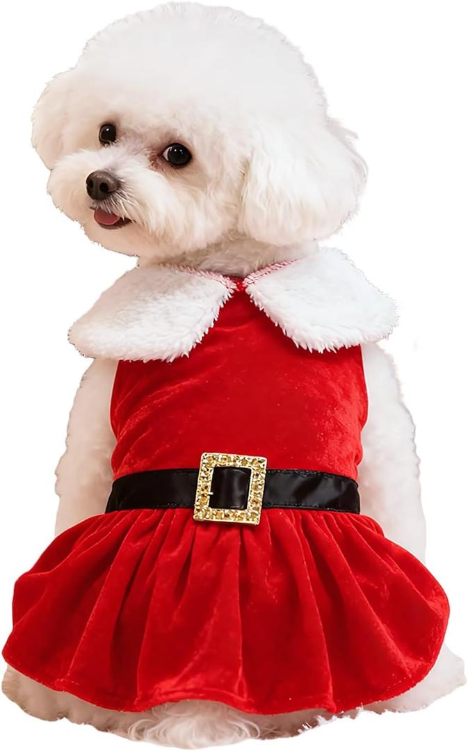 Christmas Dog Costume, Dog Dress Velvet Santa Costume with Fur Trim and Belt, Red Holiday Pet Outfit (Black Belt, Medium)