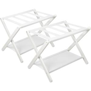 VASMIA Luggage Rack, Folding Suitcase Stand with Storage Shelf Set of 2, Bamboo Luggage Stand for Guest Room,Bedroon and Hotel,Holds up to 131 lb,Fit Most Luggage Size,White
