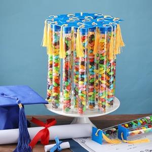 Briwooody 24 Pcs Graduation Gumball Tubes Class of 2025 Graduation Party Favors Include Candy Container and Mini Grad Caps with Gold Tassels for DIY Grad Table Party Guests Supplies(Blue)