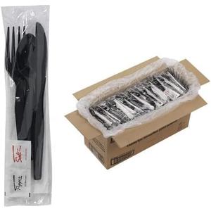 250 Plastic Cutlery Packets - Knife Fork Spoon Napkin Salt Pepper Sets | Black Silverware Sets Individually Wrapped Kits, Bulk Plastic Utensil Cutlery Disposable To Go Silverware