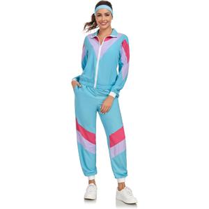 Cuteshower Women 80s Tracksuit Costume for Retro Hip Hop Windbreaker Costumes for Halloween (Large, Blue)