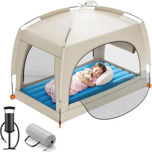 QPAU Inflatable Toddler Travel Bed with Tent  Lightweight Blow Up Kids Air Mattress with Hand Pump  Indoor & Outdoor Portable Sleeping Solution for Camping, Travel, Home, Grandmas  Ages 3+ (B-Khaki Blue)