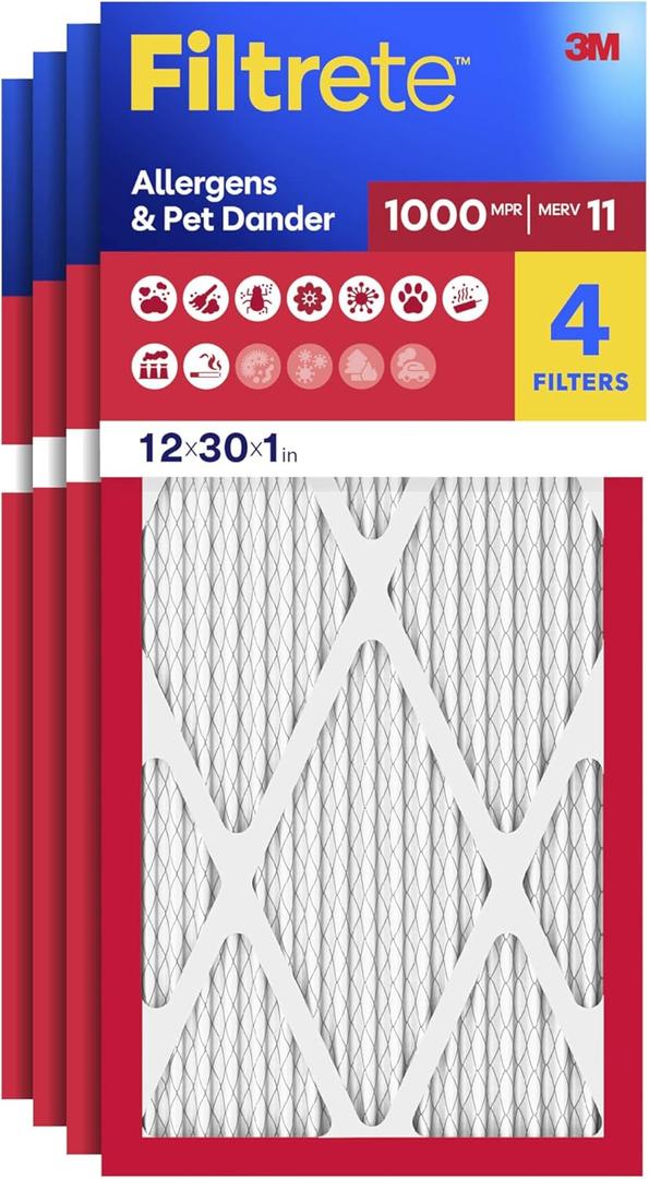 Filtrete 12x30x1 Air Filter, MERV 11, MPR 1000, Allergens & Pet Dander, 3-Month AC and Furnace Filters, Cleaner Air, Reliable Airflow, 4 HVAC Filters (Actual Size 11.81 x 29.81 x 0.81 in)