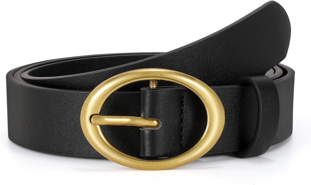 SANSTHS Women Leather Belts for Jeans Pants Fashion Ladies Waist Dresses Belt Gold Round Buckle,black，L