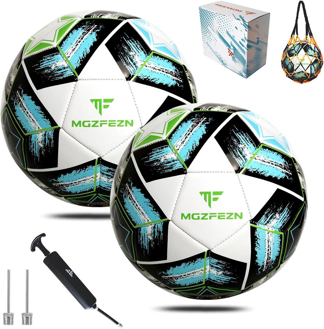 Youth Soccer Ball Size 3/4/5, Kids Outdoor Play Game Training Practice Soccer Ball for Teen Boy Girl Indoor Outdoor with 1 Pump 1 Net Bag and 1 Gift Box (White 2 packs)