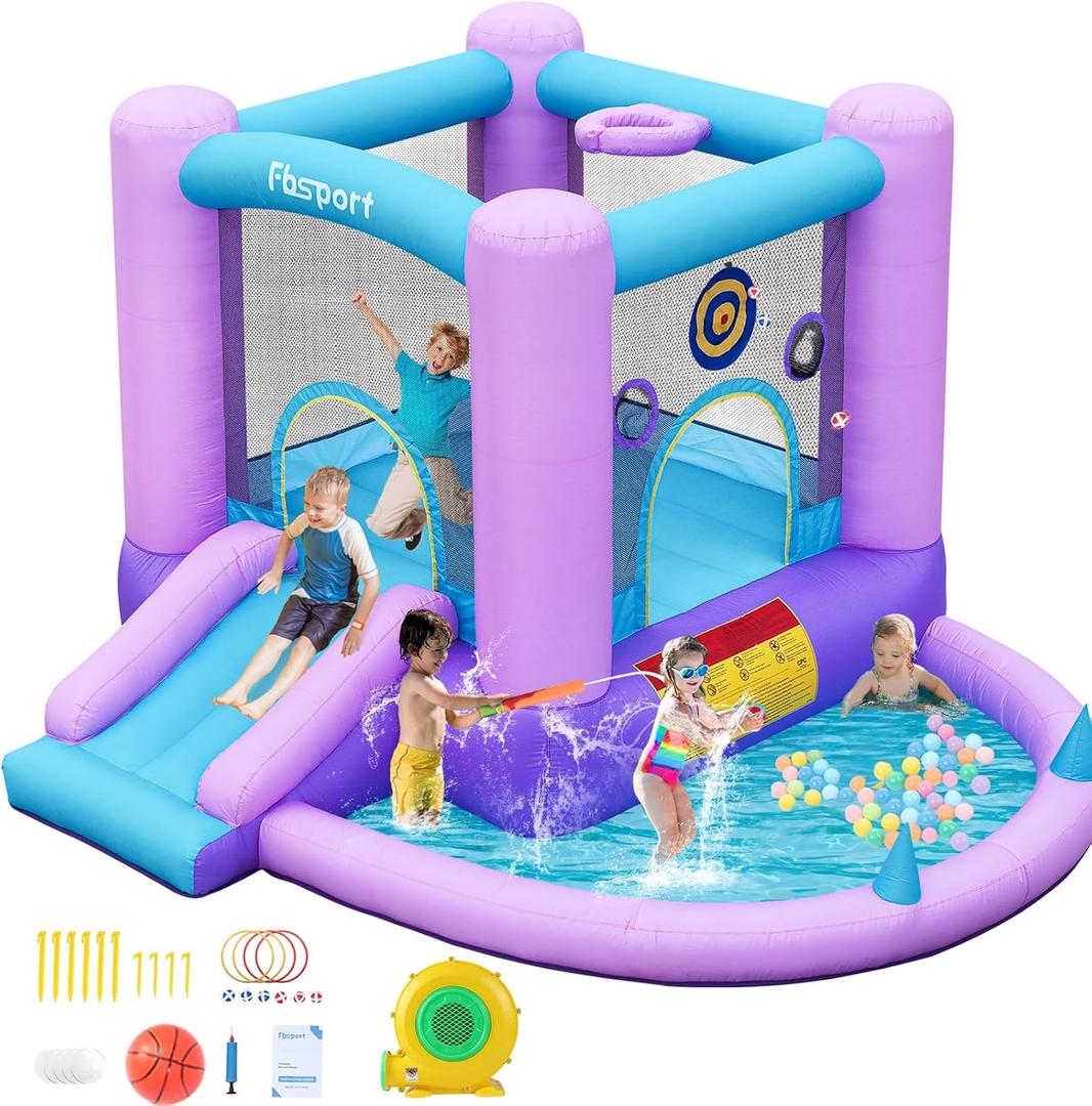 FBSPORT Inflatable Bounce House, Kids Bounce Castle Slide for Indoor Outdoor,Toddler Baby Jumper Bouncer, Kids Jumping Bouncy House with Blower, Ball Pit Pool, Basketball Hoop, Dart Game, Blue, 9.35 ft L x 8.7 ft W x 5.7 ft H