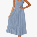 ZESICA Women's 2025 Summer Boho Spaghetti Strap Square Neck Solid Color Ruffle A Line Beach Long Maxi Dress, S