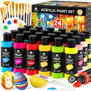 40 Pcs Acrylic Paint Set - 24 Colors (2oz/60ml) with 12 Brushes, 2 Knives & Palette - Rich Pigments for Adult, Artists & Beginners - Painting on Halloween Pumpkin Canvas Ceramic Rock Wood