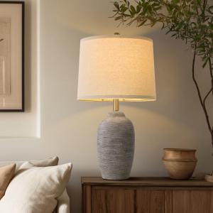 24.5" Handcrafted Ceramic Table Lamp with 5FT Cord, Single Farmhouse Vintage Rustic Bedside Lighting for Living Room Bedroom Entryway Linen Shade Nightstand End Table Decor (Bulb Not Included)